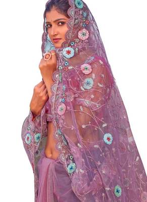 Light pink coloe embroidered net designer saree with un-stitch blouse 2