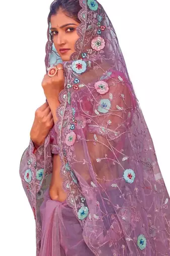 Light pink coloe embroidered net designer saree with un-stitch blouse