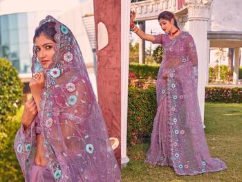 Light pink coloe embroidered net designer saree with un-stitch blouse 3