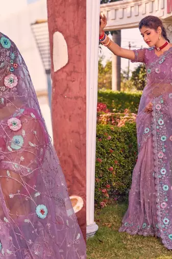 Light pink coloe embroidered net designer saree with un-stitch blouse