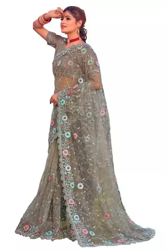 Pista green coloe embroidered net designer saree with un-stitch blouse