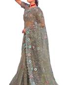 Pista green coloe embroidered net designer saree with un-stitch blouse
