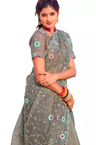 Pista green coloe embroidered net designer saree with un-stitch blouse