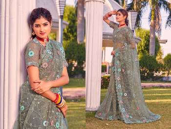 Pista green coloe embroidered net designer saree with un-stitch blouse 3