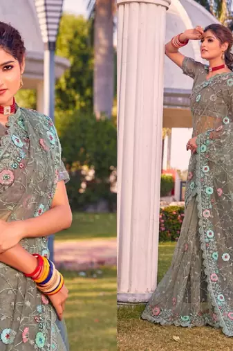 Pista green coloe embroidered net designer saree with un-stitch blouse