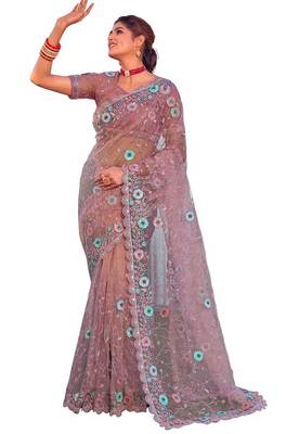 Rani pink coloe embroidered net designer saree with un-stitch blouse 1
