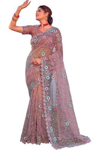 Rani pink coloe embroidered net designer saree with un-stitch blouse