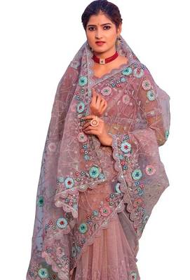 Rani pink coloe embroidered net designer saree with un-stitch blouse 2