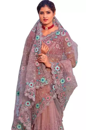 Rani pink coloe embroidered net designer saree with un-stitch blouse