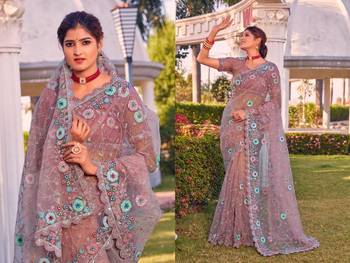 Rani pink coloe embroidered net designer saree with un-stitch blouse 3