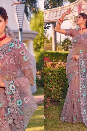 Rani pink coloe embroidered net designer saree with un-stitch blouse
