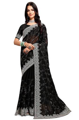 black coloe embroidered orgenza designer saree with un-stitch blouse
