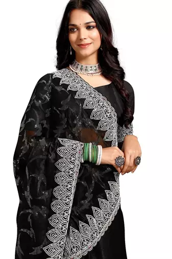 black coloe embroidered orgenza designer saree with un-stitch blouse