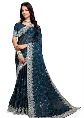 blue coloe embroidered orgenza designer saree with un-stitch blouse 1
