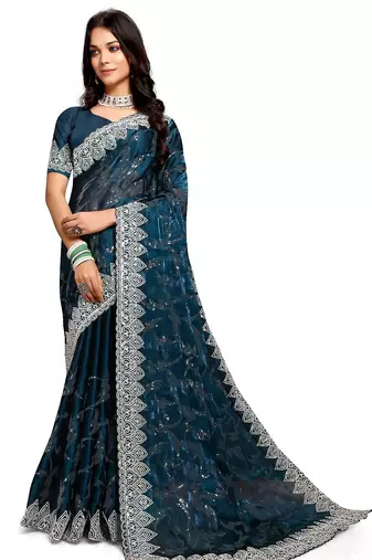 blue coloe embroidered orgenza designer saree with un-stitch blouse