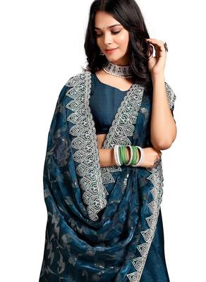 blue coloe embroidered orgenza designer saree with un-stitch blouse 2