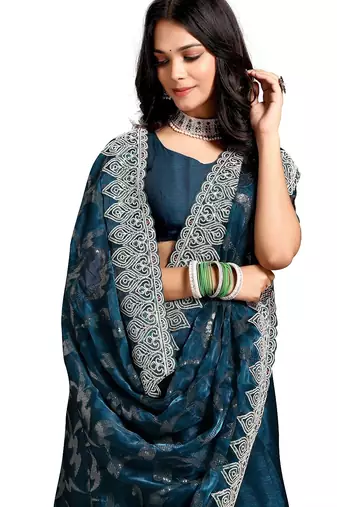 blue coloe embroidered orgenza designer saree with un-stitch blouse