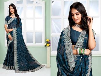 blue coloe embroidered orgenza designer saree with un-stitch blouse 3