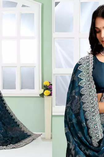 blue coloe embroidered orgenza designer saree with un-stitch blouse