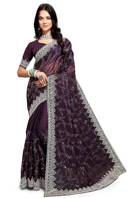 purple coloe embroidered orgenza designer saree with un-stitch blouse 1