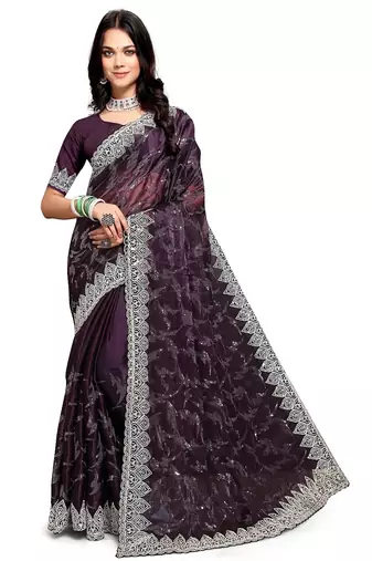 purple coloe embroidered orgenza designer saree with un-stitch blouse
