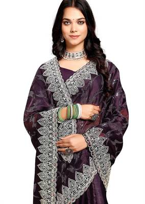 purple coloe embroidered orgenza designer saree with un-stitch blouse 2