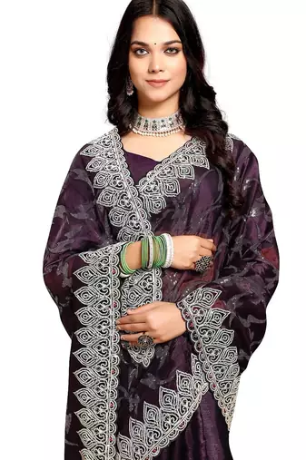 purple coloe embroidered orgenza designer saree with un-stitch blouse