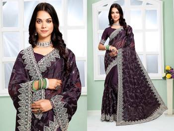 purple coloe embroidered orgenza designer saree with un-stitch blouse 3