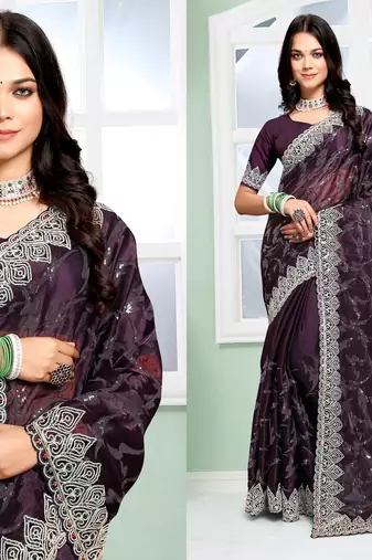 purple coloe embroidered orgenza designer saree with un-stitch blouse