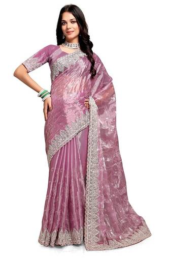 pink coloe embroidered orgenza designer saree with un-stitch blouse