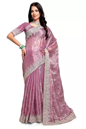 pink coloe embroidered orgenza designer saree with un-stitch blouse