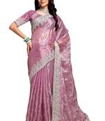 pink coloe embroidered orgenza designer saree with un-stitch blouse