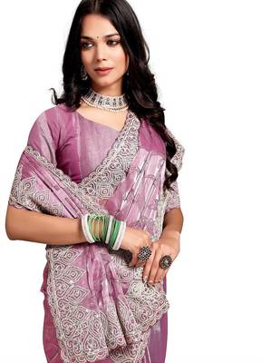 pink coloe embroidered orgenza designer saree with un-stitch blouse 2