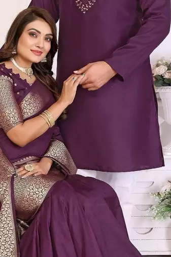 purple  color silk blend couple combo men's kurta & pajama & women saree set