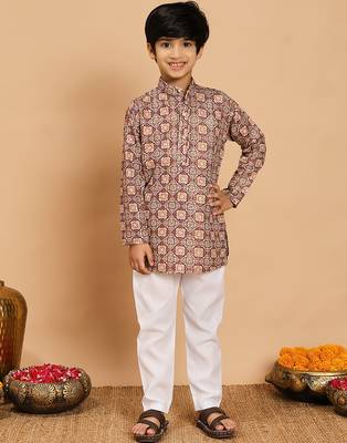 Boys brown rayon geometric floral print kurta & pyjama set with zari & sequins work 1