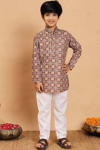 Boys brown rayon geometric floral print kurta & pyjama set with zari & sequins work