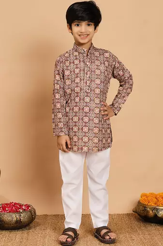 Boys brown rayon geometric floral print kurta & pyjama set with zari & sequins work