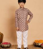 Boys brown rayon geometric floral print kurta & pyjama set with zari & sequins work