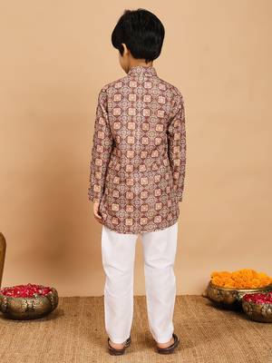 Boys brown rayon geometric floral print kurta & pyjama set with zari & sequins work 2