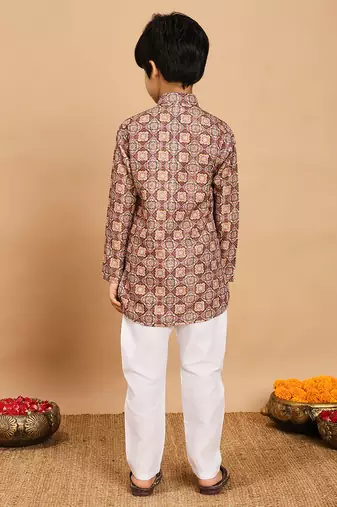 Boys brown rayon geometric floral print kurta & pyjama set with zari & sequins work
