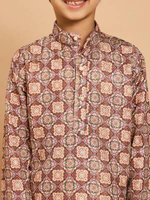 Boys brown rayon geometric floral print kurta & pyjama set with zari & sequins work 3