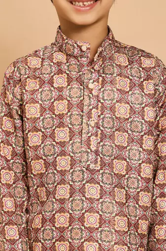 Boys brown rayon geometric floral print kurta & pyjama set with zari & sequins work