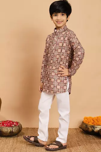 Boys brown rayon geometric floral print kurta & pyjama set with zari & sequins work