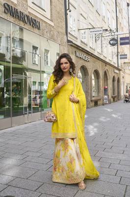 Yellow embroidered chinon free size stitched palazzo style salwar suit 1