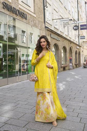 Yellow embroidered chinon free size stitched palazzo style salwar suit