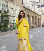 Yellow embroidered chinon free size stitched palazzo style salwar suit