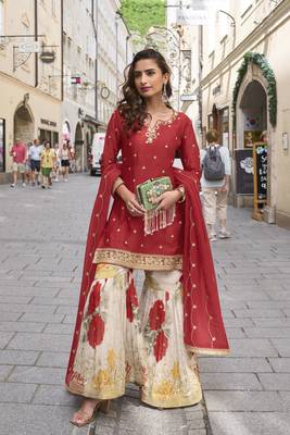 Red embroidered chinon free size stitched palazzo style salwar suit 1