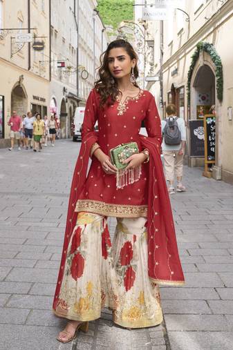 Red embroidered chinon free size stitched palazzo style salwar suit