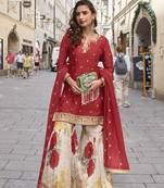 Red embroidered chinon free size stitched palazzo style salwar suit