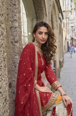 Red embroidered chinon free size stitched palazzo style salwar suit 2